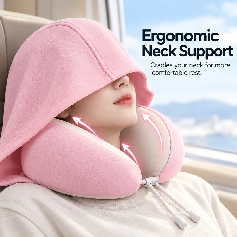 📢 50% OFF! Hooded Travel Neck Pillow – Shaded Rest & Adjustable Neck Support for Flights ✈️✨