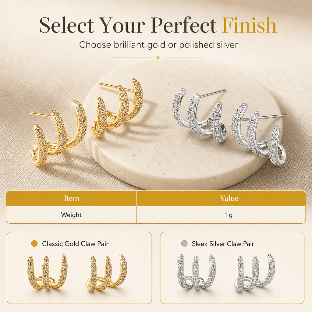 ⏳Limited-time 50% off🌸Minimalist 3-Layer Curved Ear Crawler Earrings with Sparkling Rhinestones