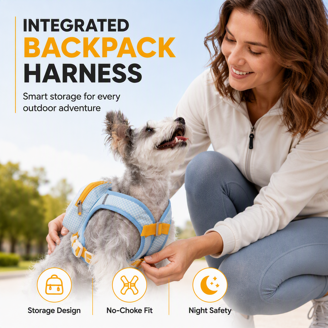🎒 Vest Style Pet Backpack Harness – Breathable, Reflective, No-choke 🌙