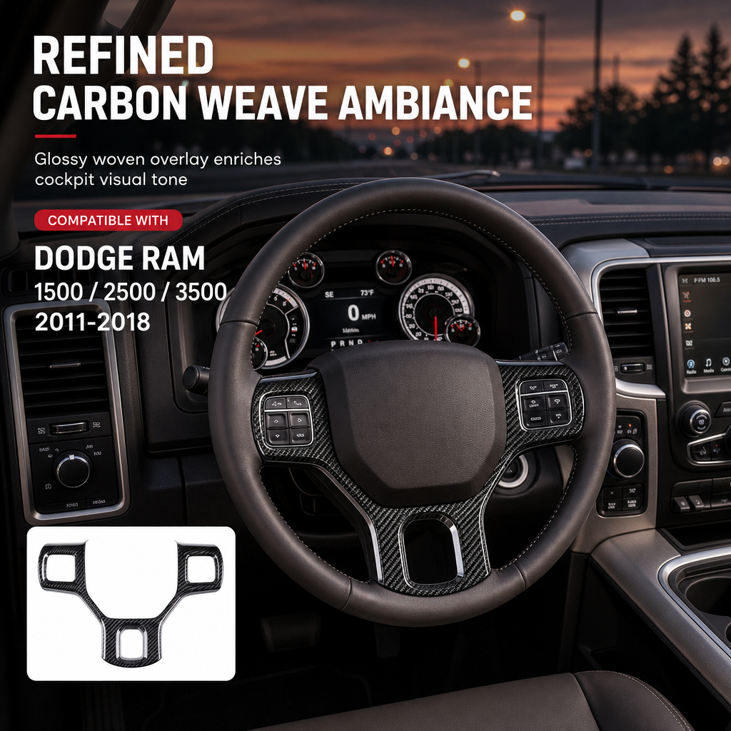🚛 LIMITED-TIME 50% OFF! ✨ Steering Wheel Trim Cover For RAM Trucks – Carbon Look, Scratch-proof, Snap-on 🛠️