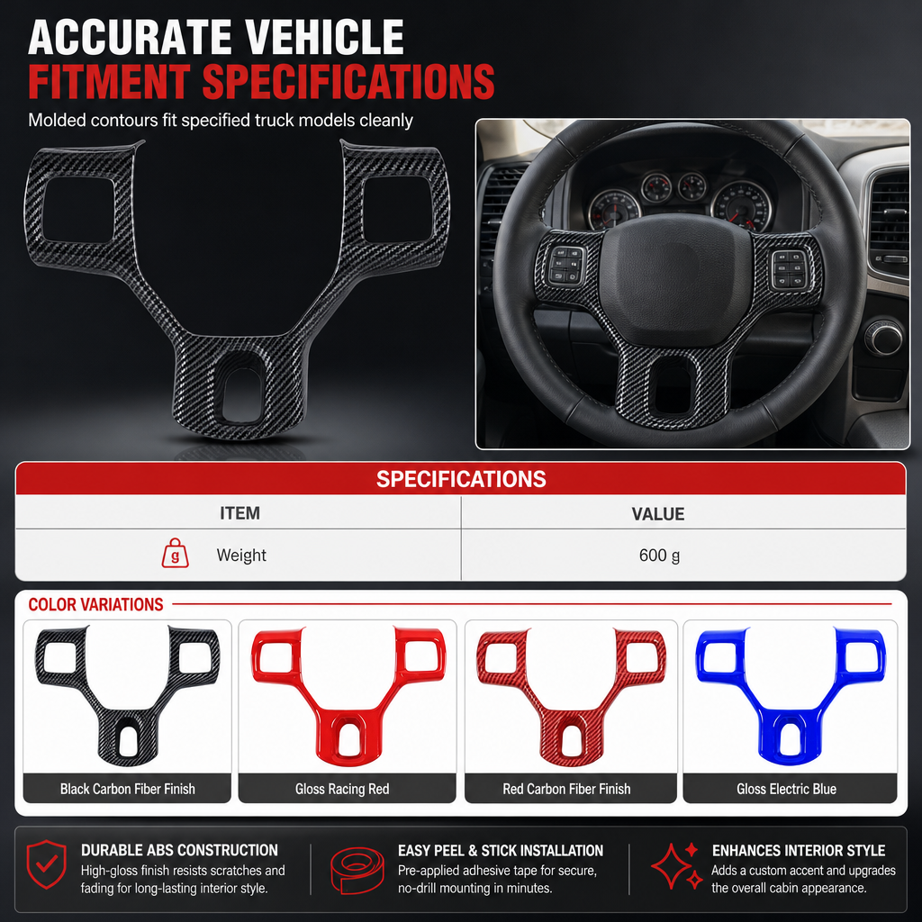 🚛 LIMITED-TIME 50% OFF! ✨ Steering Wheel Trim Cover For RAM Trucks – Carbon Look, Scratch-proof, Snap-on 🛠️