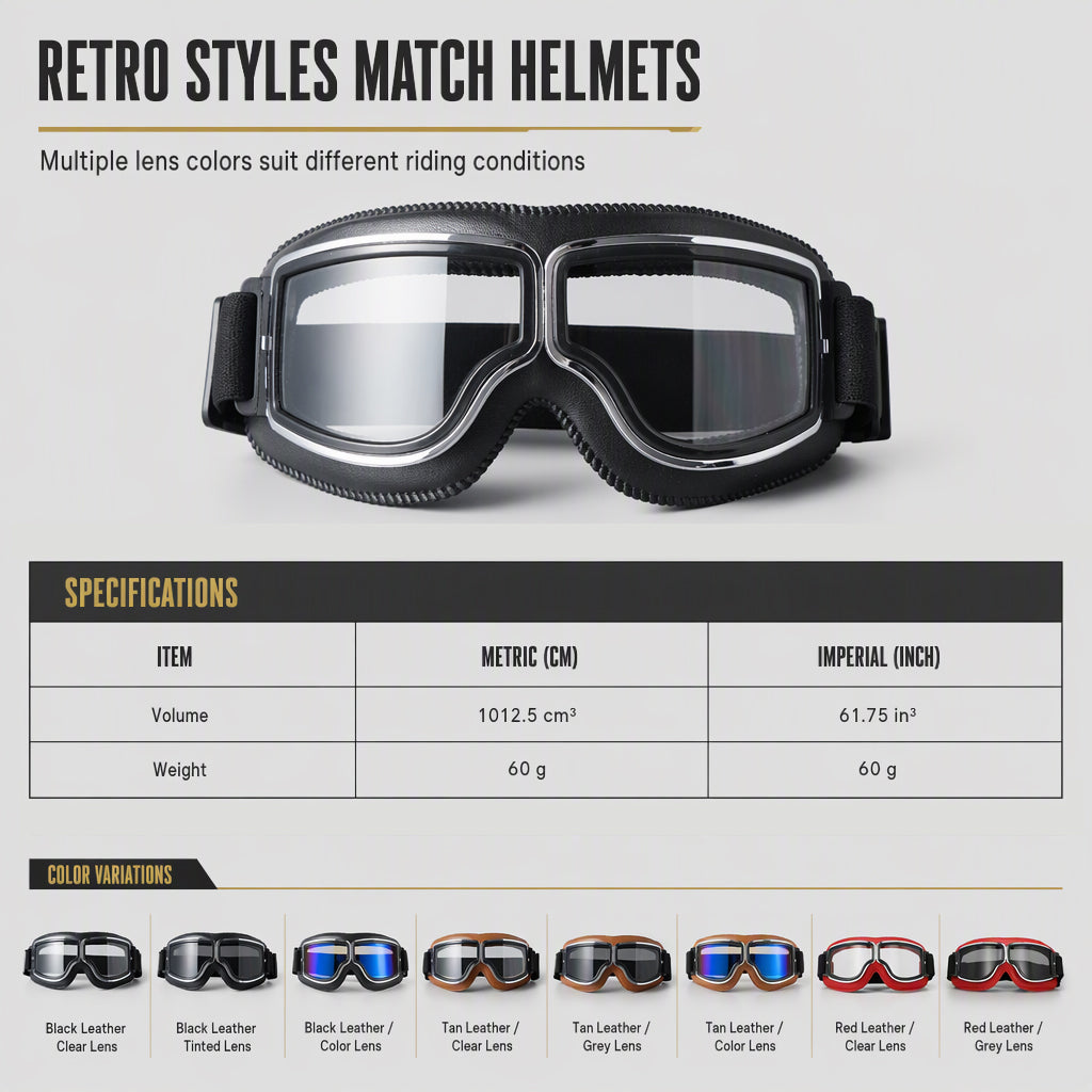Retro Motorcycle Goggles Vintage Windproof Riding Glasses for Cruiser Helmet and Off-Road Dirt Bike