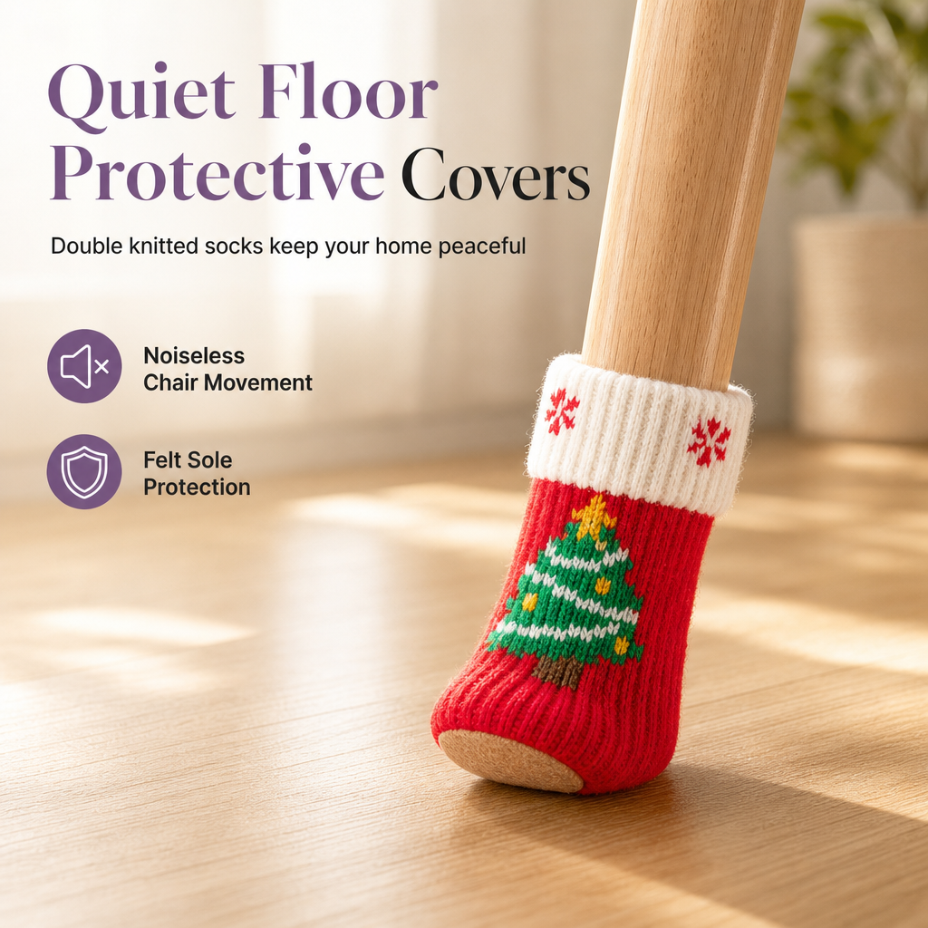 📢📢50% OFF !! ⏰Christmas Knitted Chair Leg Covers with Felt Pads Non Slip Thickened Table Feet Socks Floor Protectors 4-Piece Set