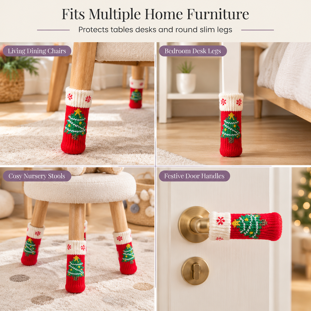 📢📢50% OFF !! ⏰Christmas Knitted Chair Leg Covers with Felt Pads Non Slip Thickened Table Feet Socks Floor Protectors 4-Piece Set