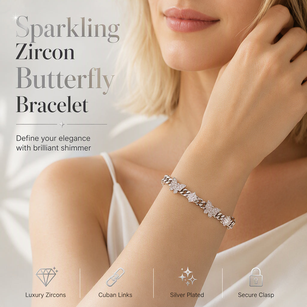 🦋 50% OFF! ✨ Iced-Out Pavé Zircon Butterfly Cuban Link Chain Bracelet – AAA+ Micro-Pavé Stones on Polished Cuban Curb Links, Multi-Layer Platinum Silver Electroplating, Double-Security Clasp & Hypoallergenic – 7.5" 💎