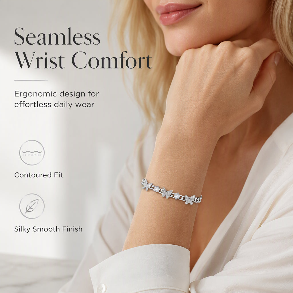 🦋 50% OFF! ✨ Iced-Out Pavé Zircon Butterfly Cuban Link Chain Bracelet – AAA+ Micro-Pavé Stones on Polished Cuban Curb Links, Multi-Layer Platinum Silver Electroplating, Double-Security Clasp & Hypoallergenic – 7.5" 💎