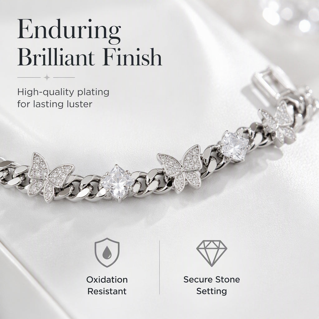 🦋 50% OFF! ✨ Iced-Out Pavé Zircon Butterfly Cuban Link Chain Bracelet – AAA+ Micro-Pavé Stones on Polished Cuban Curb Links, Multi-Layer Platinum Silver Electroplating, Double-Security Clasp & Hypoallergenic – 7.5" 💎