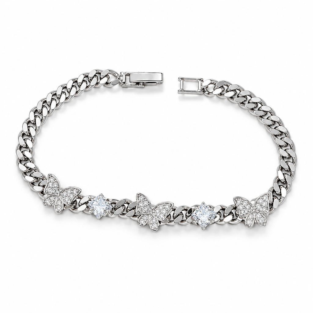 🦋 50% OFF! ✨ Iced-Out Pavé Zircon Butterfly Cuban Link Chain Bracelet – AAA+ Micro-Pavé Stones on Polished Cuban Curb Links, Multi-Layer Platinum Silver Electroplating, Double-Security Clasp & Hypoallergenic – 7.5" 💎