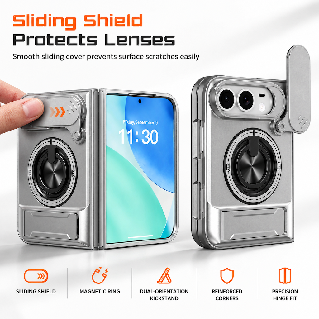 Magnetic Folding Phone Case with Slide Cover and Kickstand Anti Drop Shockproof Protective Cover