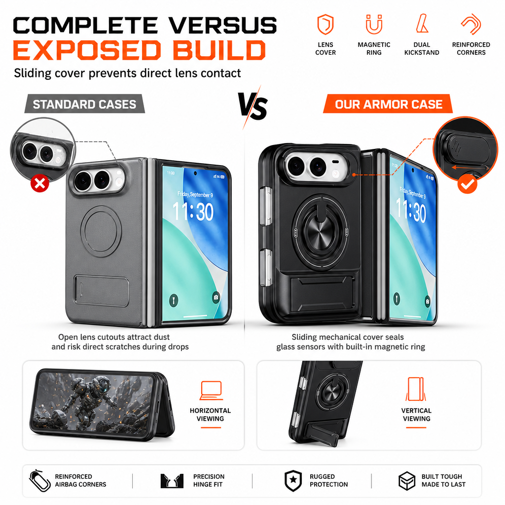 Magnetic Folding Phone Case with Slide Cover and Kickstand Anti Drop Shockproof Protective Cover