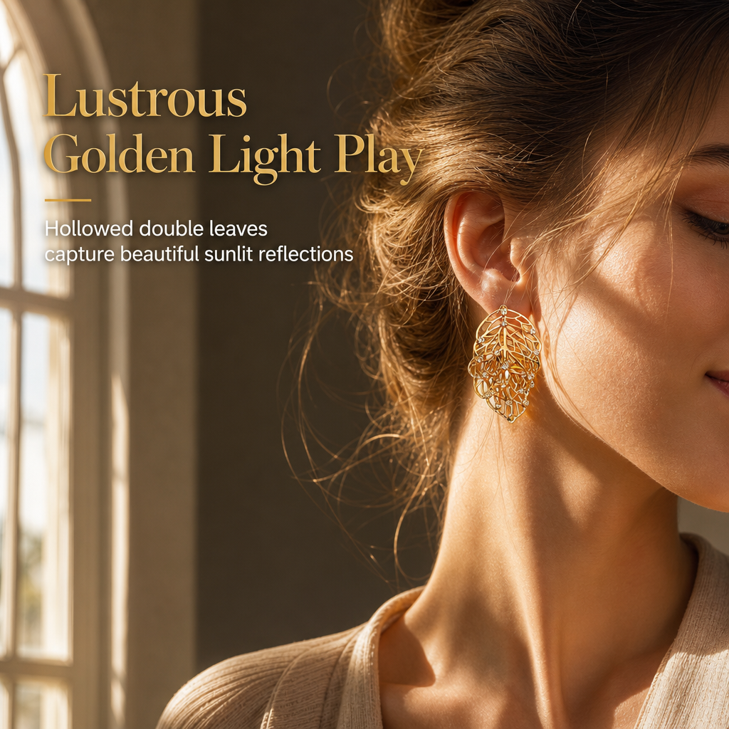 📢📢 50% OFF✨18K Gold-Plated Double Leaf Earrings – Sparkling CZ, Two-Way Wear Design