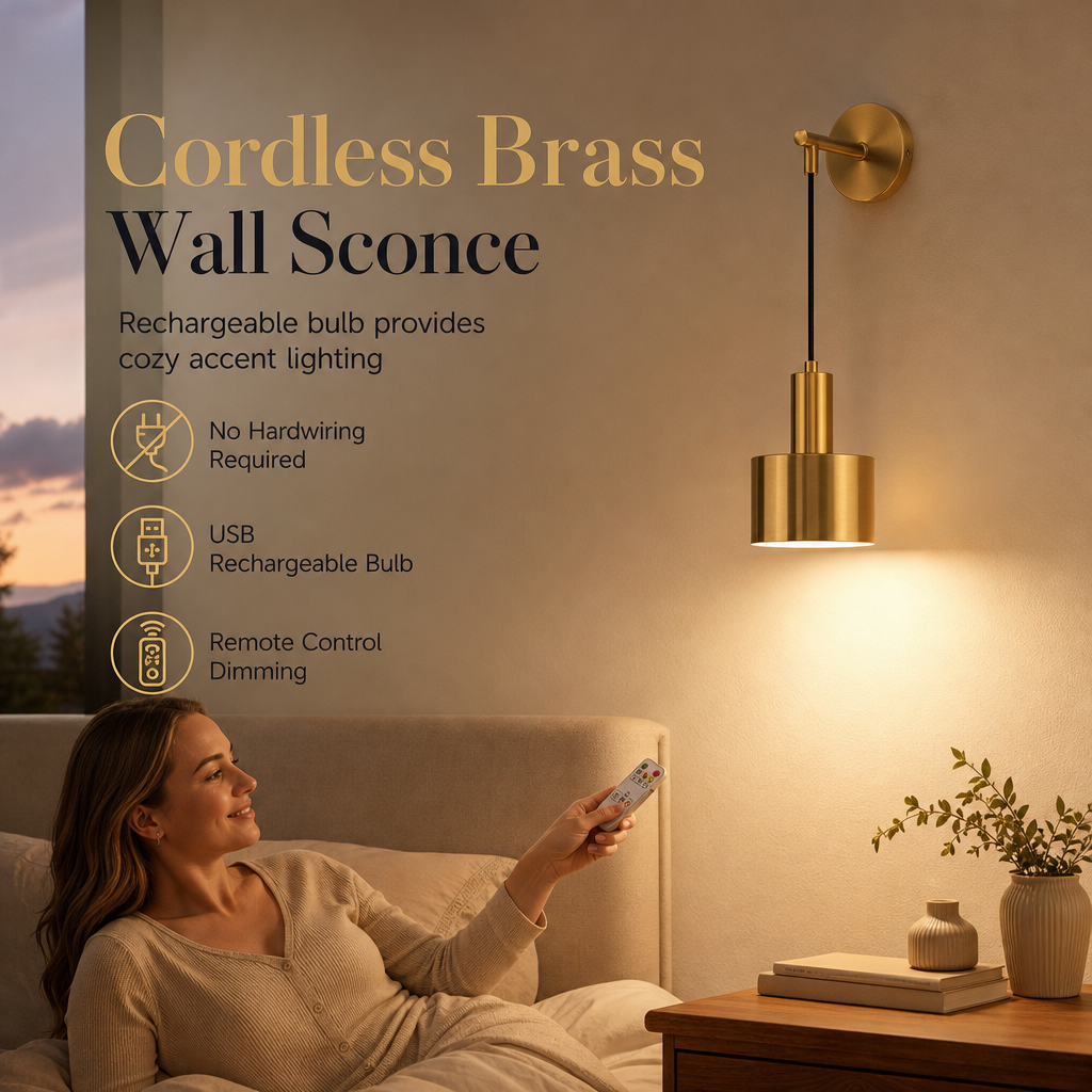 Battery Operated Wall Sconce Wall Mounted Dimmable Lamp with Remote Control for Bedroom Bedside and Living Room