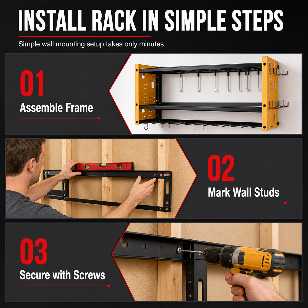 Wall Mounted Heavy Duty Iron Power Tool Organizer and Garage Drill Storage Rack