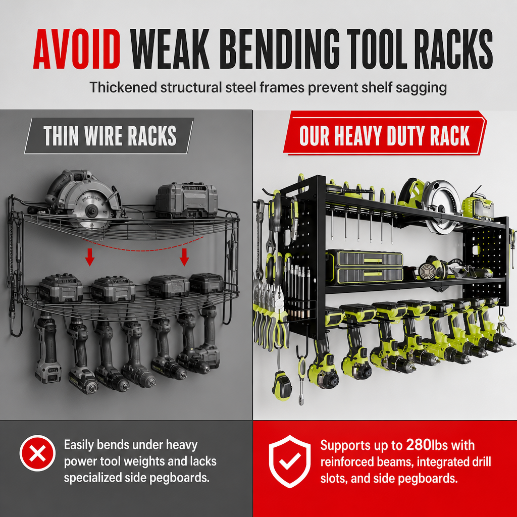 Wall Mounted Heavy Duty Iron Power Tool Organizer and Garage Drill Storage Rack