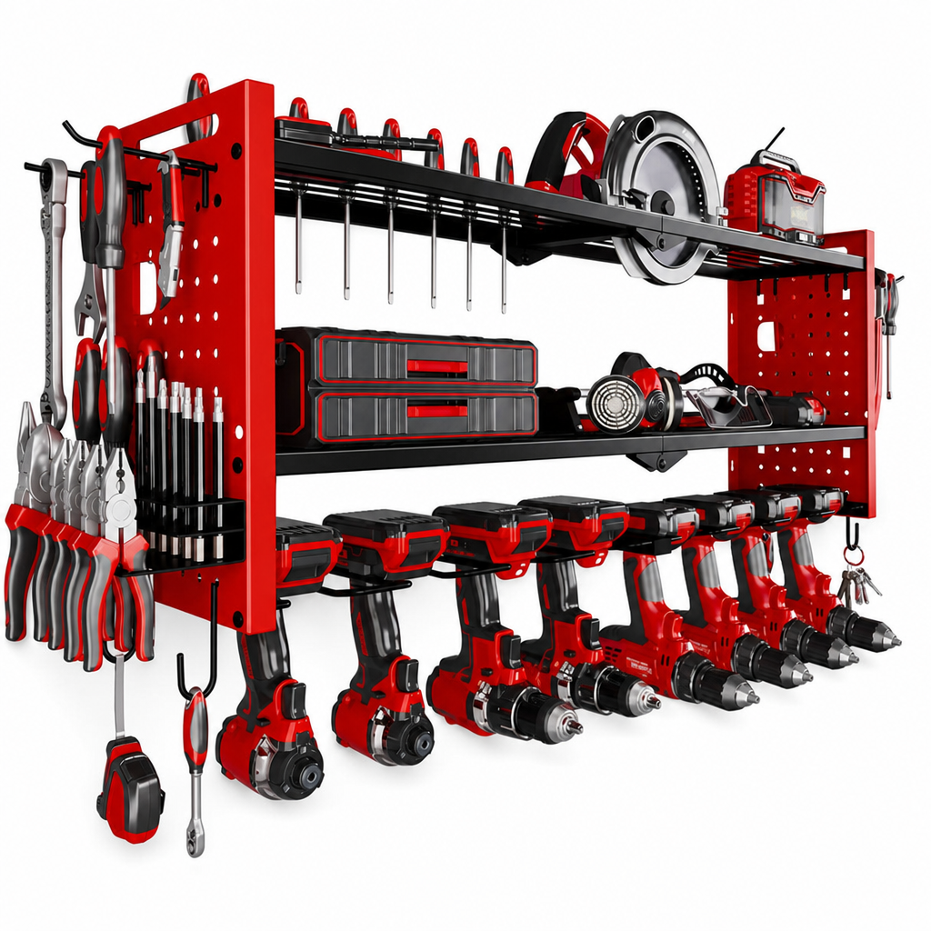 Wall Mounted Heavy Duty Iron Power Tool Organizer and Garage Drill Storage Rack