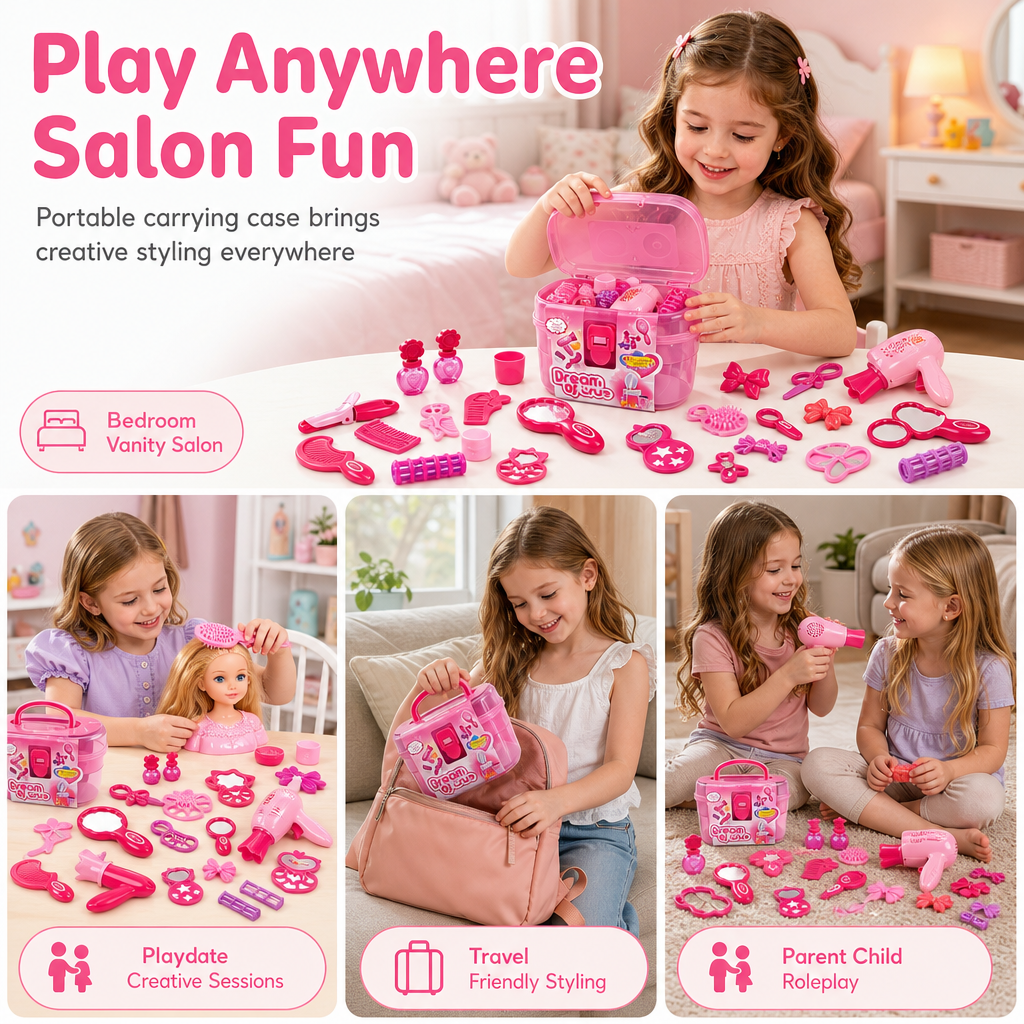 📢📢 50% OFF🎨Kids Hair Salon Pretend Play Set – Toy Hair Dryer & Beauty Accessories for Creative Role Play