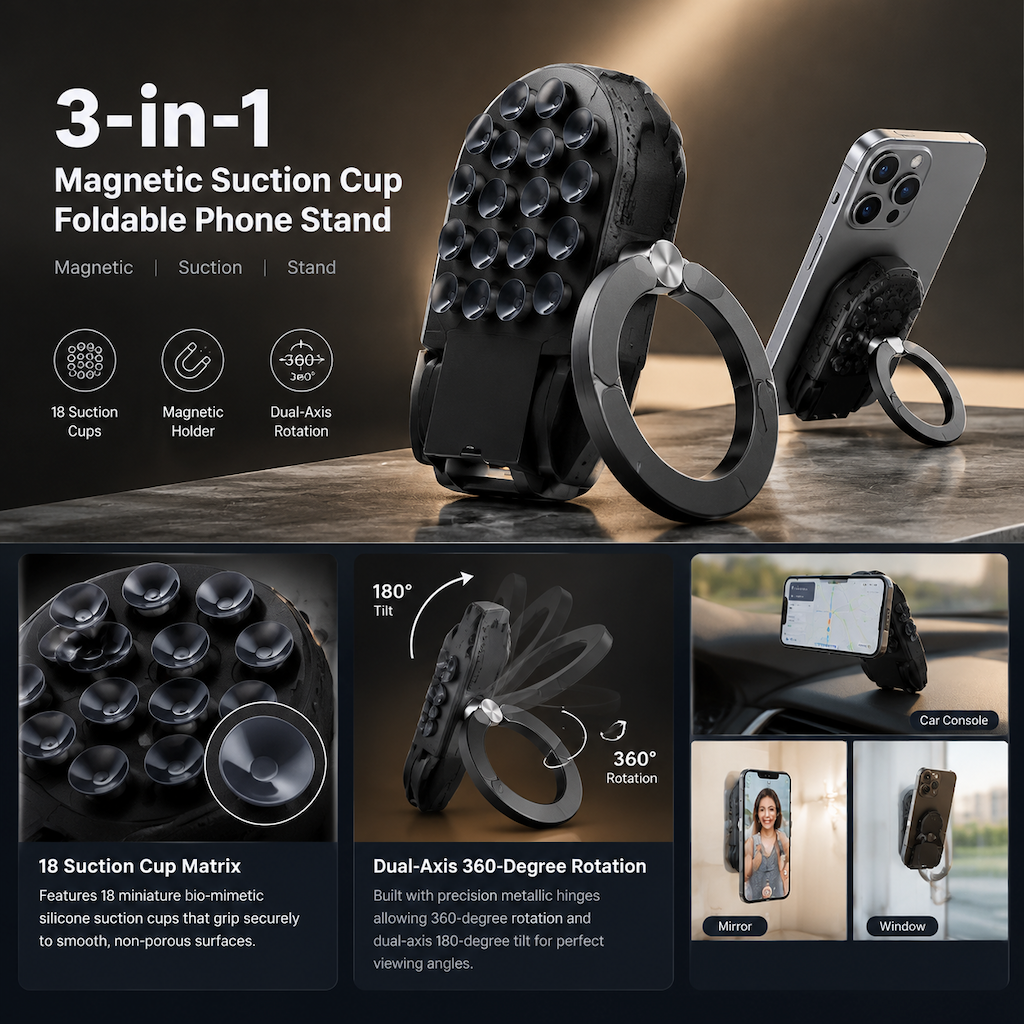 Multifunctional 3 in 1 Magnetic Phone Stand with Suction Cup and Carabiner Foldable Rotatable Mobile Phone Holder