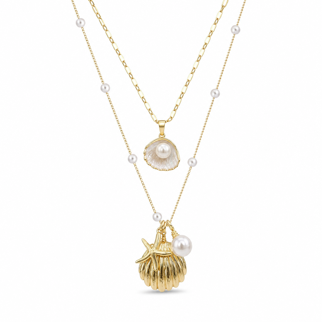 📢📢 50% OFF🐚 Layered Starfish & Shell Necklace – Pearl Accents & Coastal Charm for Beach Days and Everyday Style