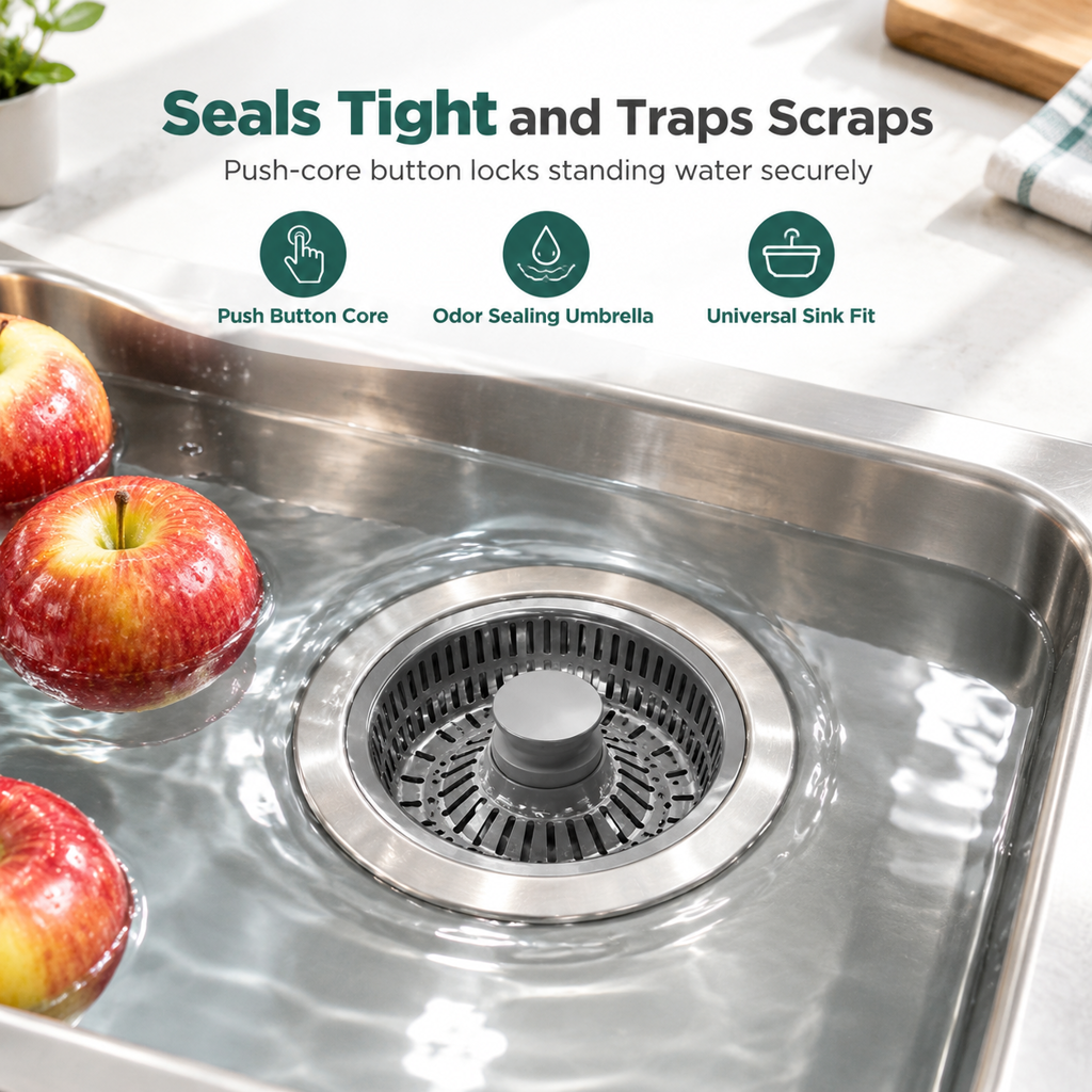 Kitchen Sink -Up Drain Stopper with Stainless Steel Body and ABS Strainer Basket Filter Plug