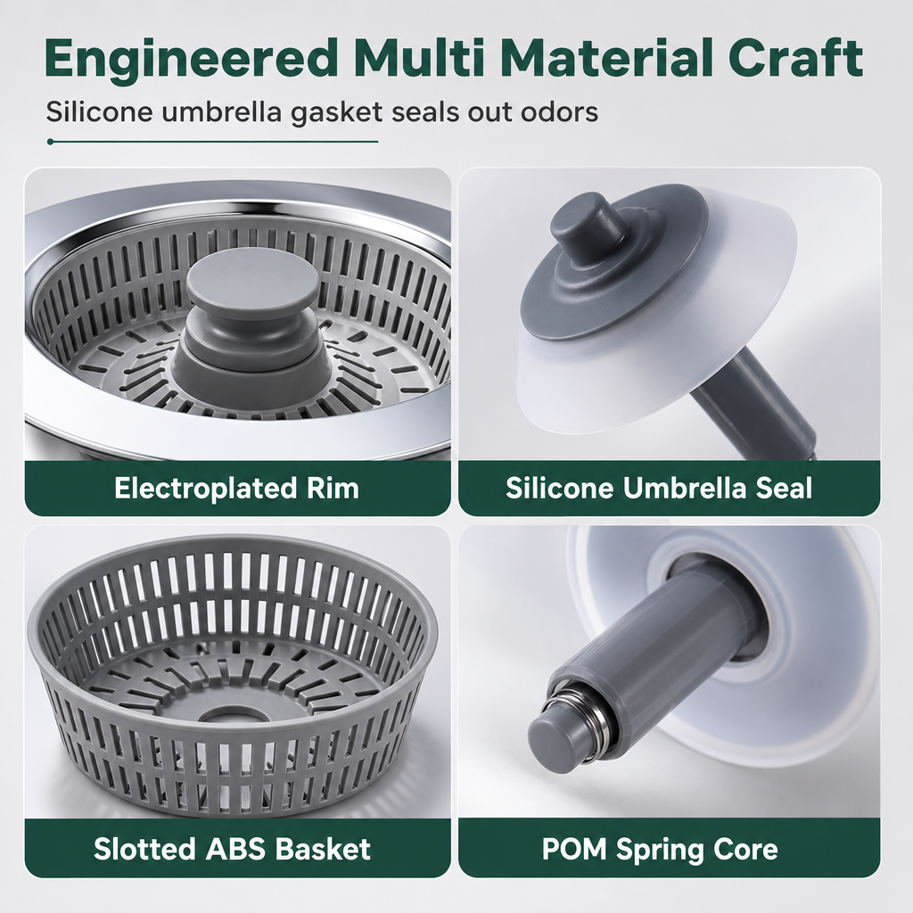Kitchen Sink -Up Drain Stopper with Stainless Steel Body and ABS Strainer Basket Filter Plug