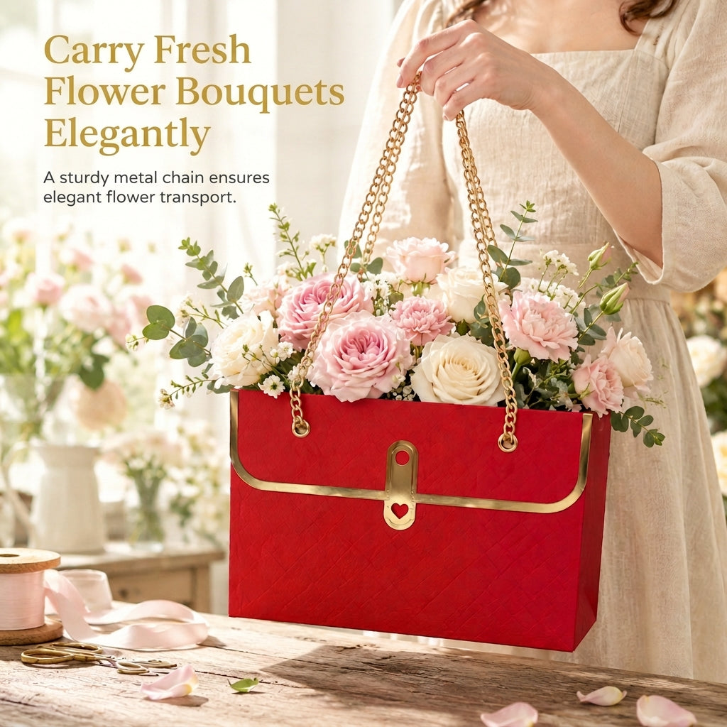 💐 LIMITED-TIME 50% OFF! ✨ Embossed Bouquet Gift Bag – Sturdy Cardboard, Chain Handle, Elegant Packaging 🎁
