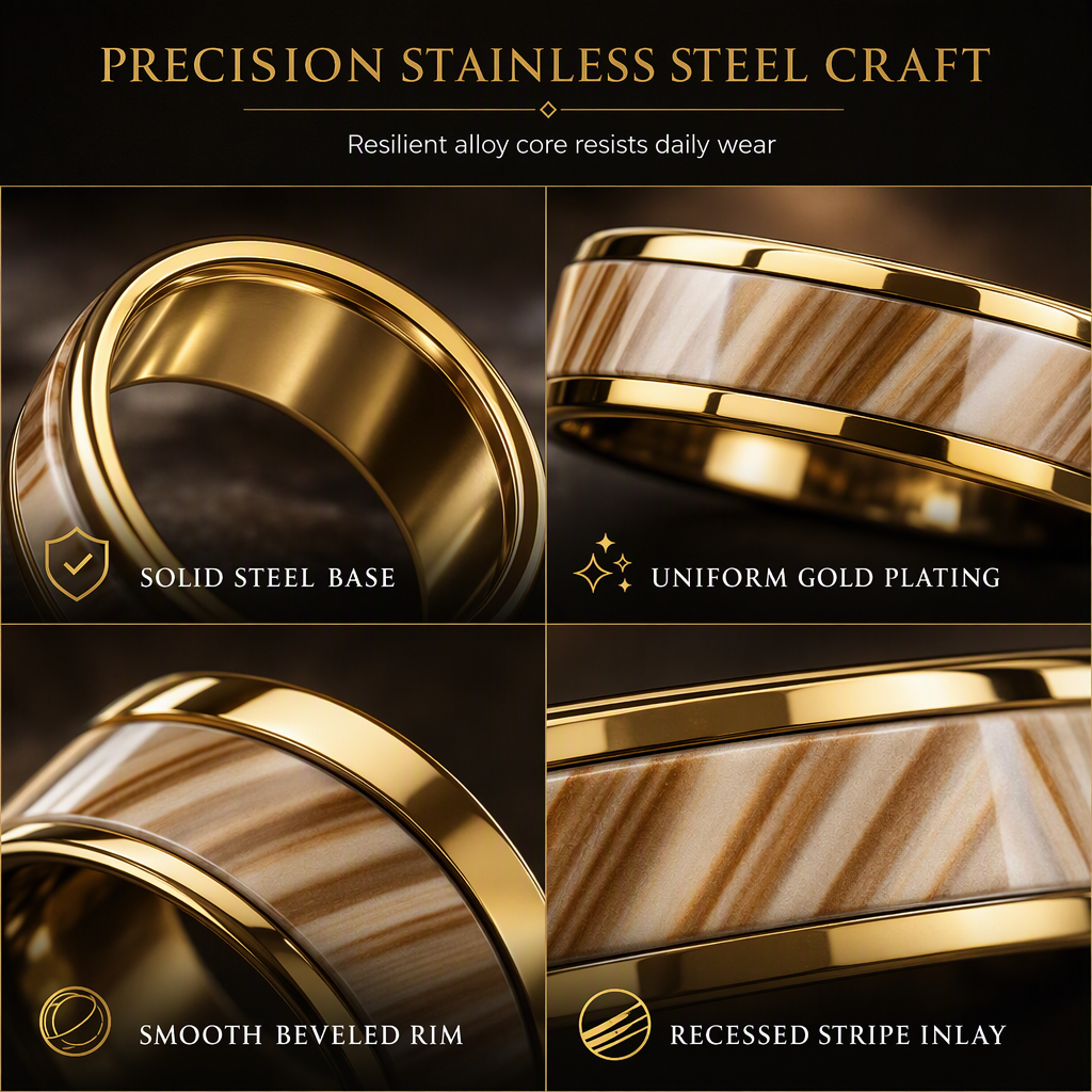 💍 50% OFF! ✨ Stainless Steel Enamel Stripe Band Ring – Tarnish-Free 316L Titanium Steel, Gleaming 18K Gold Mirror Electroplating, Contrasting Black Enamel Stripe Inlay & Ergonomic Comfort-Fit Interior – 7 Sizes 💎