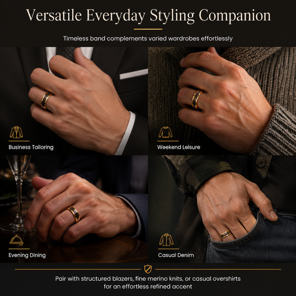 💍 50% OFF! ✨ Stainless Steel Enamel Stripe Band Ring – Tarnish-Free 316L Titanium Steel, Gleaming 18K Gold Mirror Electroplating, Contrasting Black Enamel Stripe Inlay & Ergonomic Comfort-Fit Interior – 7 Sizes 💎
