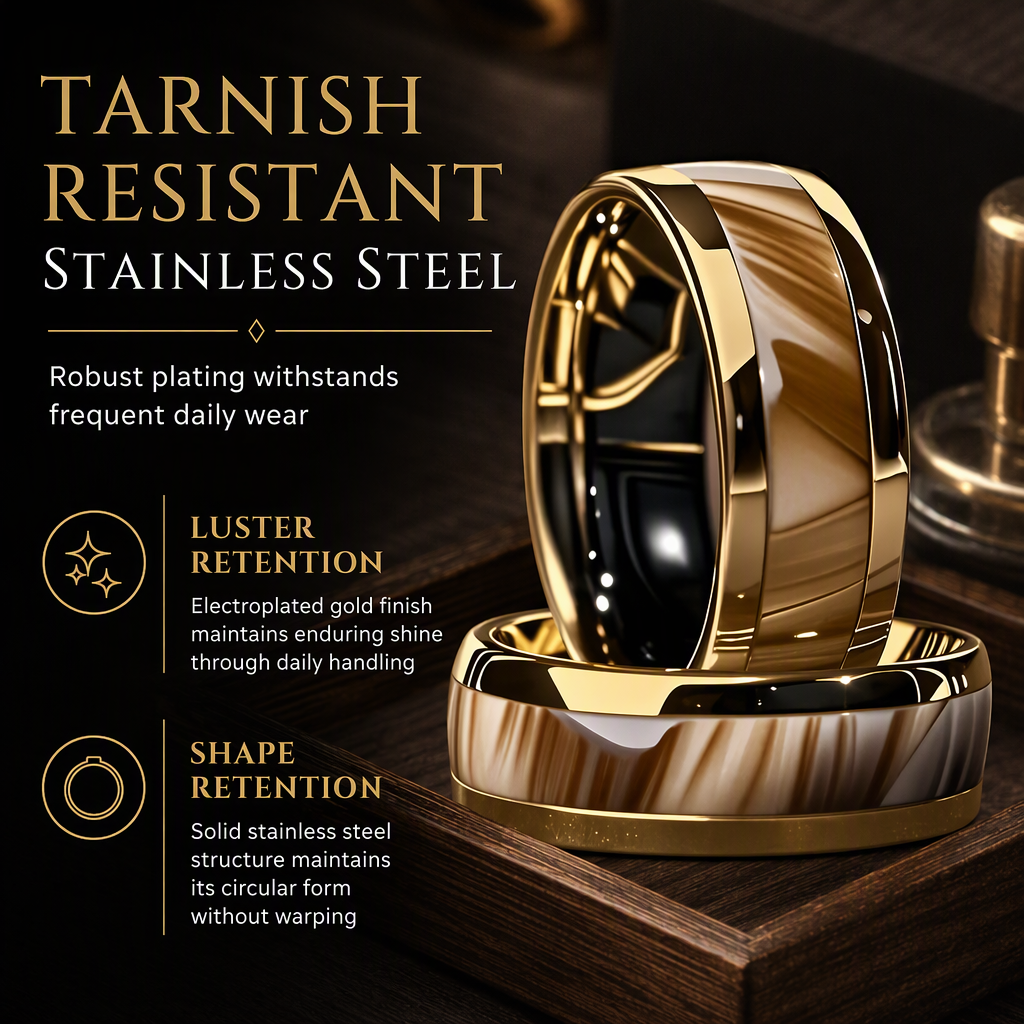 💍 50% OFF! ✨ Stainless Steel Enamel Stripe Band Ring – Tarnish-Free 316L Titanium Steel, Gleaming 18K Gold Mirror Electroplating, Contrasting Black Enamel Stripe Inlay & Ergonomic Comfort-Fit Interior – 7 Sizes 💎