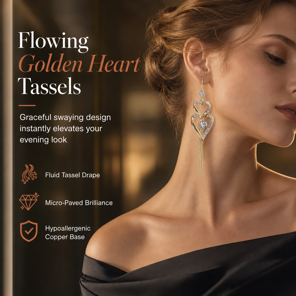 📢📢 50% OFF💫Elegant Gold Double Layer Heart Tassel Drop Earrings with Rhinestones for Women💎