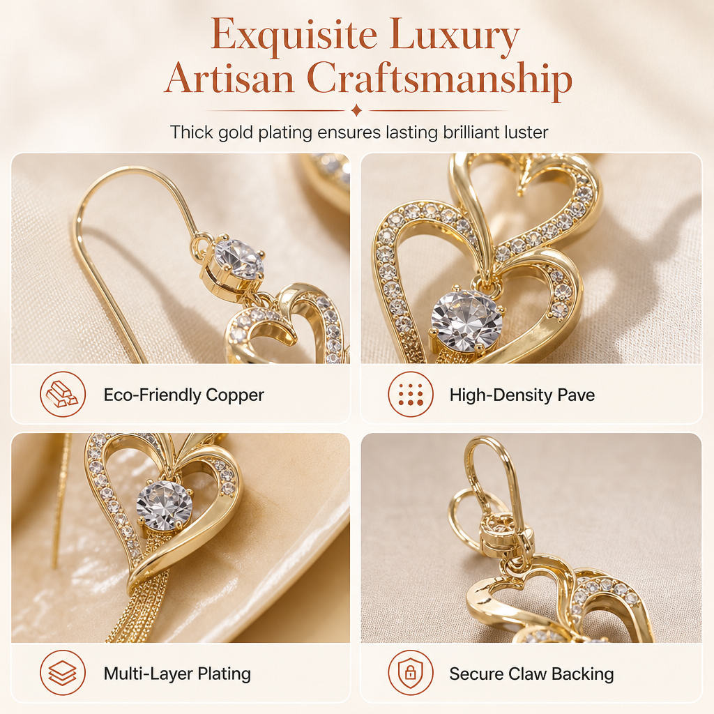 📢📢 50% OFF💫Elegant Gold Double Layer Heart Tassel Drop Earrings with Rhinestones for Women💎