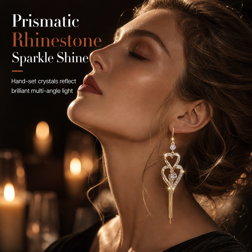 📢📢 50% OFF💫Elegant Gold Double Layer Heart Tassel Drop Earrings with Rhinestones for Women💎