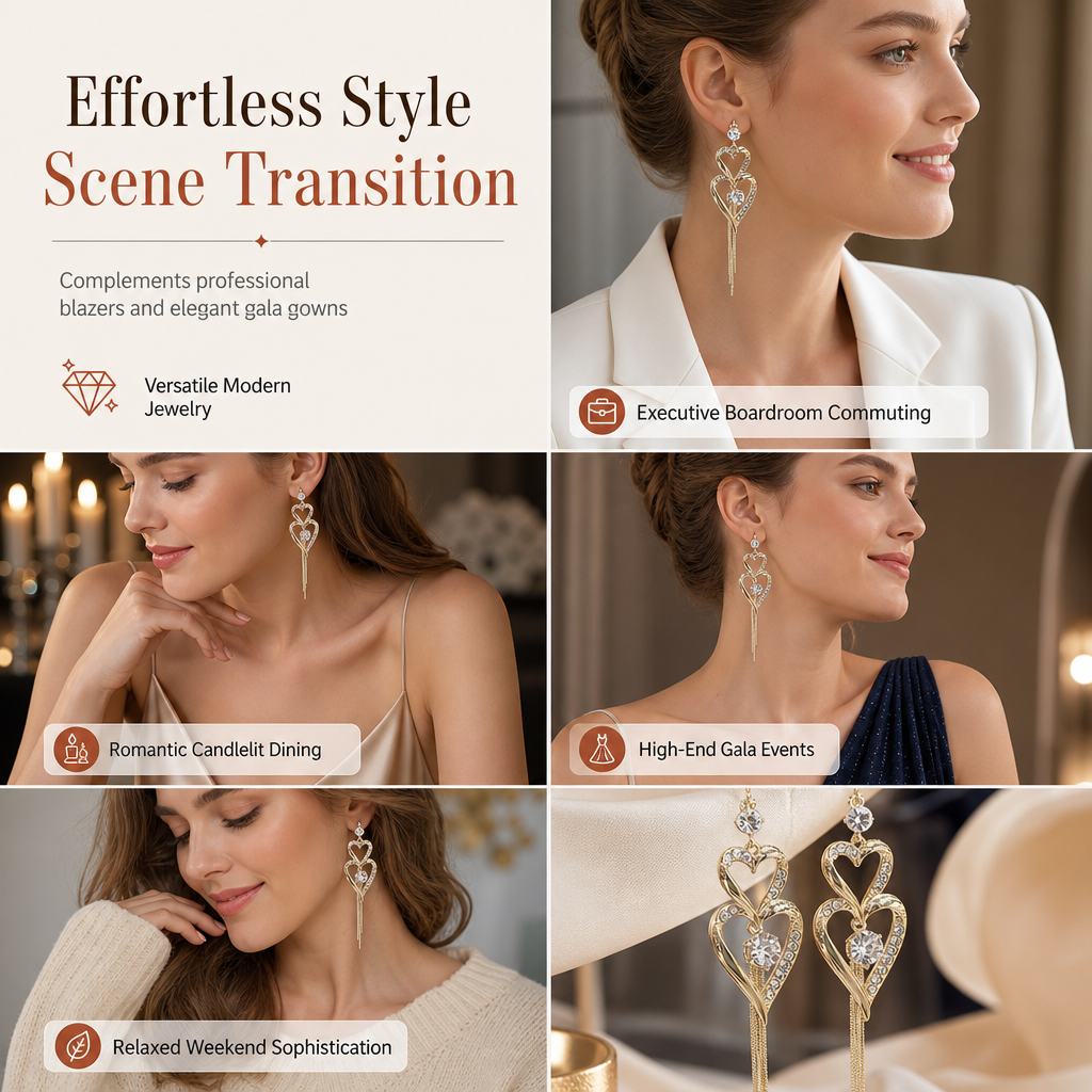 📢📢 50% OFF💫Elegant Gold Double Layer Heart Tassel Drop Earrings with Rhinestones for Women💎
