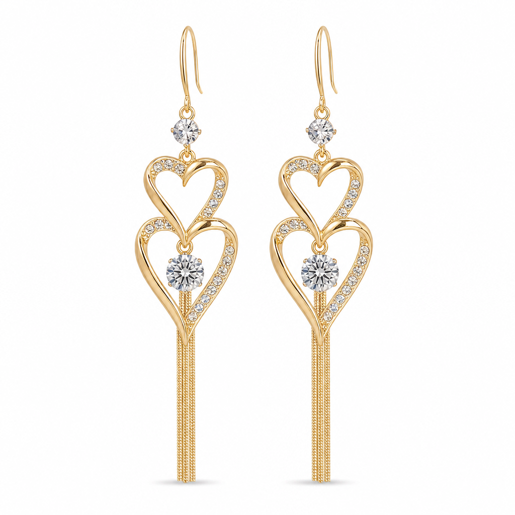 📢📢 50% OFF💫Elegant Gold Double Layer Heart Tassel Drop Earrings with Rhinestones for Women💎