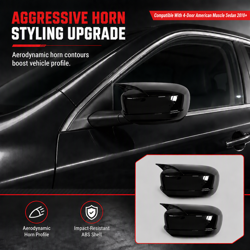 📢📢 50% OFF🔥Horn Style Rearview Mirror Cover Caps Decorative Side Wing Mirror Housing Shell Trim 1 Pair，Compatible With 4-Door American Muscle Sedan 2010+