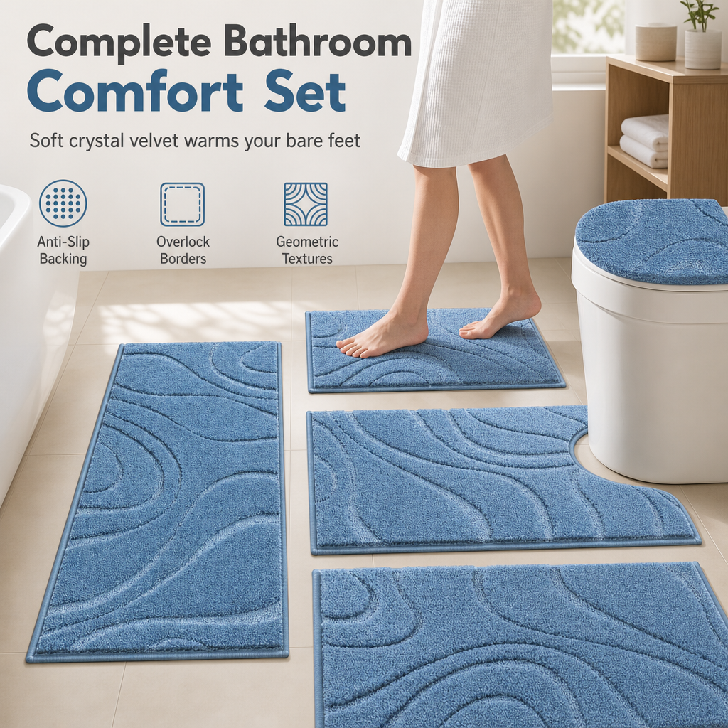📢📢50% OFF!!⏰5 Piece Crystal Velvet Bathroom Rug Set Non Slip Water Absorbent Easy to Clean Toilet Floor Mats