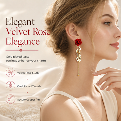 🌸 50% OFF NOW! 🌸Red Flocked Rose and Leaf Long Tassel Dangle Earrings for Women 1 Pair