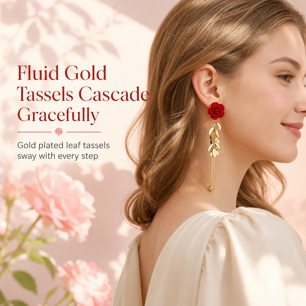 🌸 50% OFF NOW! 🌸Red Flocked Rose and Leaf Long Tassel Dangle Earrings for Women 1 Pair