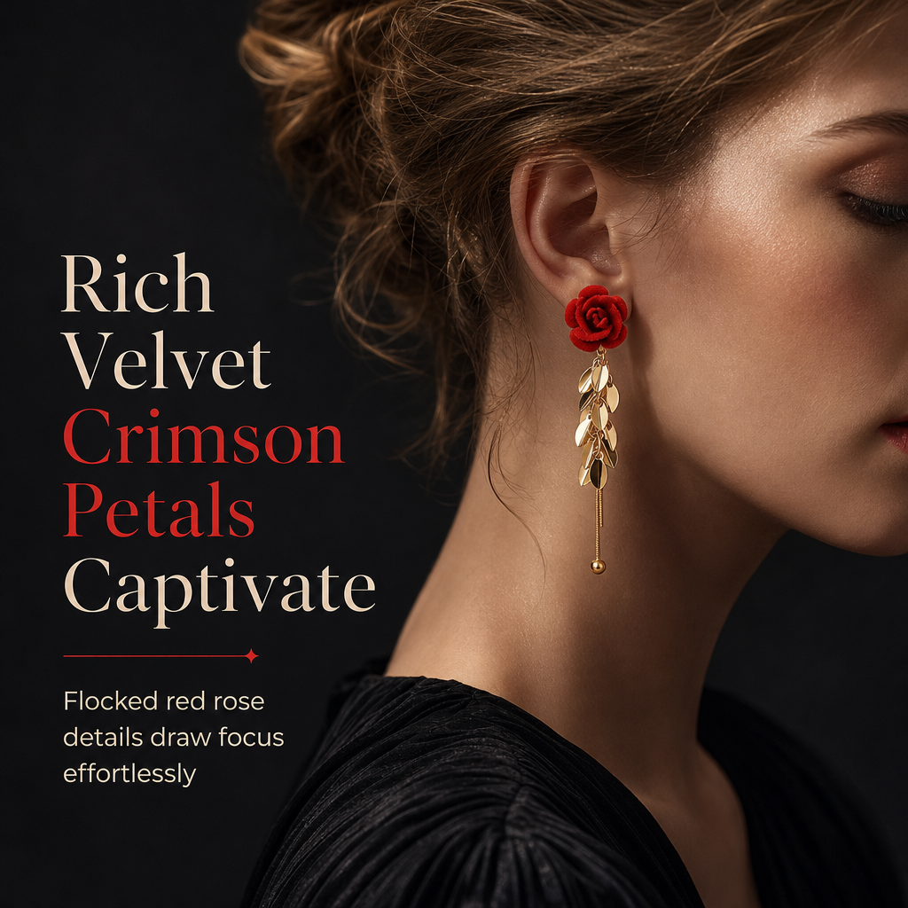🌸 50% OFF NOW! 🌸Red Flocked Rose and Leaf Long Tassel Dangle Earrings for Women 1 Pair