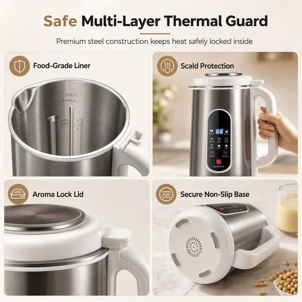 Multi-Functional 304 Stainless Steel Soy Milk Maker and High- Blender Large Capacity Filter-Free Household Food Processor with Smart Timer