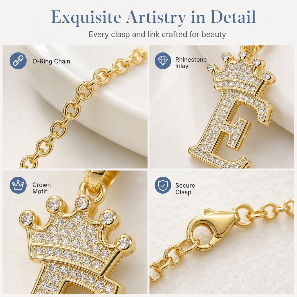 📢📢50% OFF !! ⏰Fashion 14K Gold Plated Rhinestone Crown Initial Letter