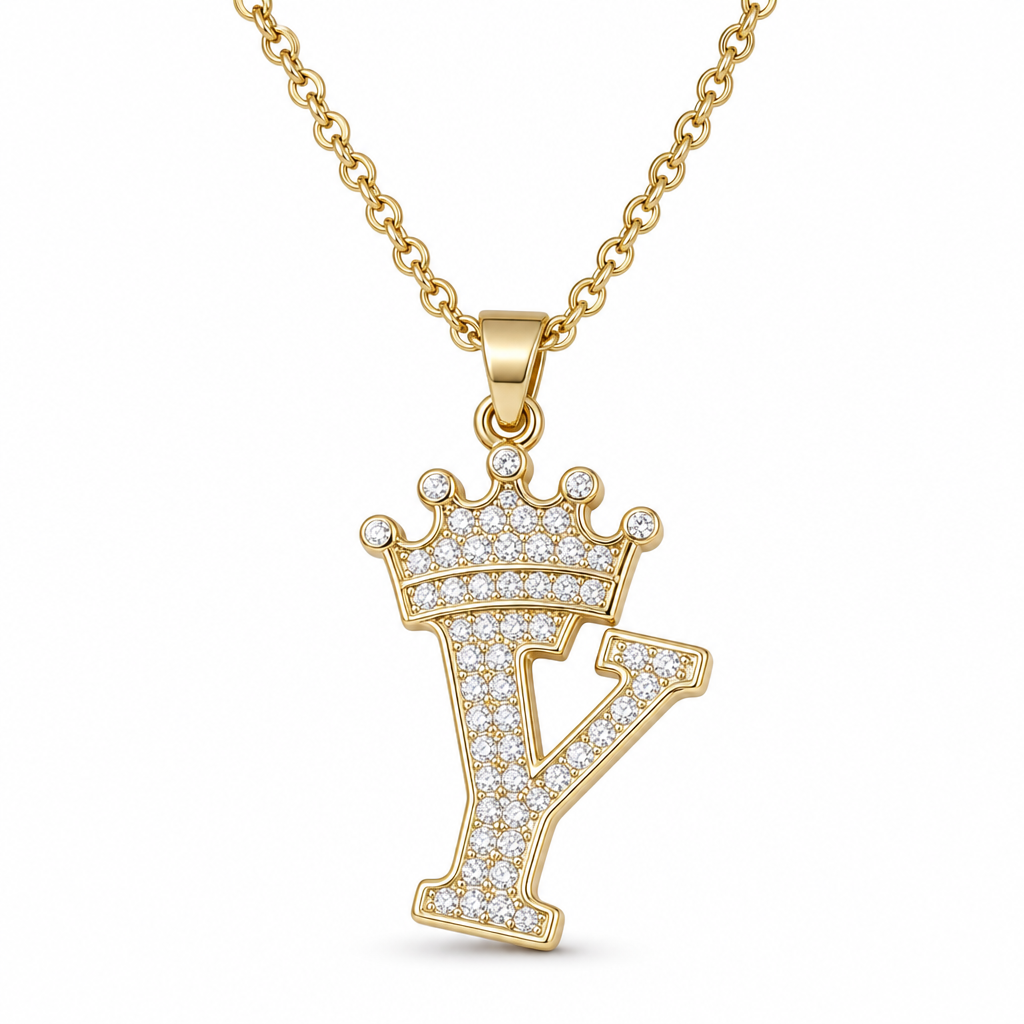 📢📢50% OFF !! ⏰Fashion 14K Gold Plated Rhinestone Crown Initial Letter