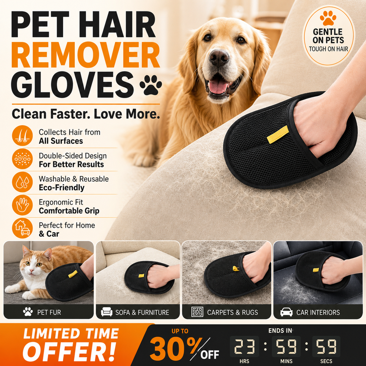 🐾 50% OFF! ✨ Pet Hair Remover Gloves – Double-Sided Silicone Bristles, Ergonomic Non-Slip Fit & Washable Reusable – Remove Fur from Sofas, Clothes & Carpets in Seconds 🧤